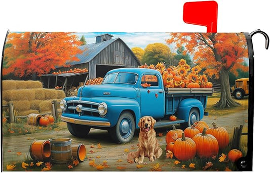 Fall Truck Mailbox Cover Magnetic 25.5"x21" Autumn Maple Tree Leaf Pumpkins Sunflower Farm Puppy Mailbox Wrap Post Cover Large Size Waterproof for Garden Yard Outdoor Outside Decor
