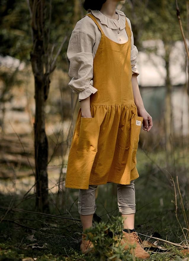 NEWGEM Cotton Linen Cross Back Apron for Women with Pockets for Painting Gardening Yellow with Waist Ties