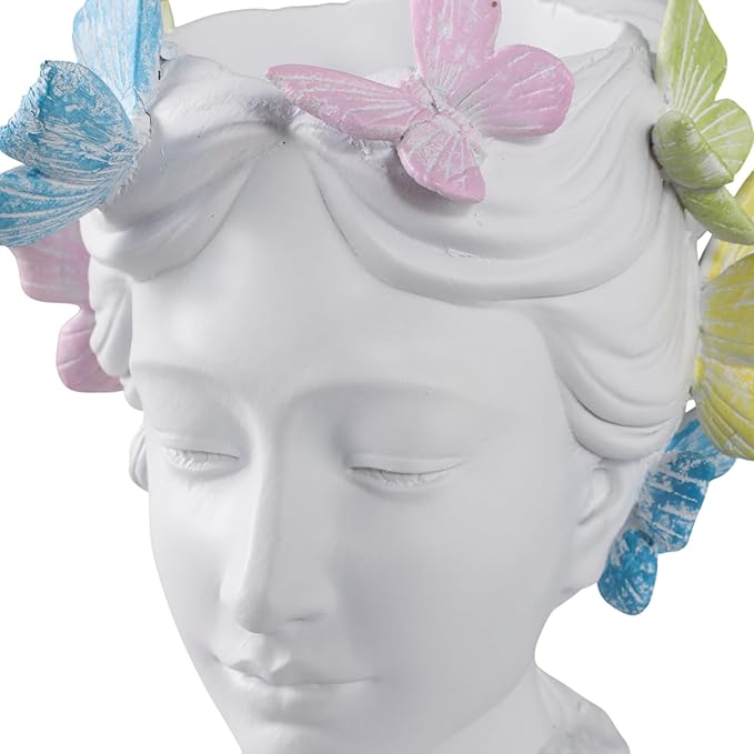 Planter and Flower Pot for Home Decor – Whimsical Plant Pot for Indoor or Outdoor Use with Butterfly and Face Sculpture – Modern Indoor Plant Stand Ideal for Garden and Patio Accent – 11" White