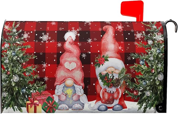 Winter Gnomes Mailbox Cover Magnetic- Standard Size 21x18 Inch- Christmas Trees Winter Snowflakes Red Black Buffalo Plaids Mailbox Wrap Post Cover for Yard Garden Outside Home Decor