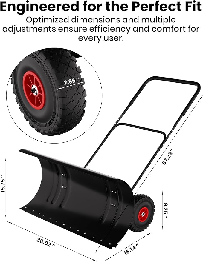Snow Pusher with Wheels for Driveway, 36" Wide Heavy Duty Steel Blade, 2-Position Height Adjustment & 60° Tilt Handle, Ergonomic Push Snow Shovel with Ground Protection for Effortless Snow Removal