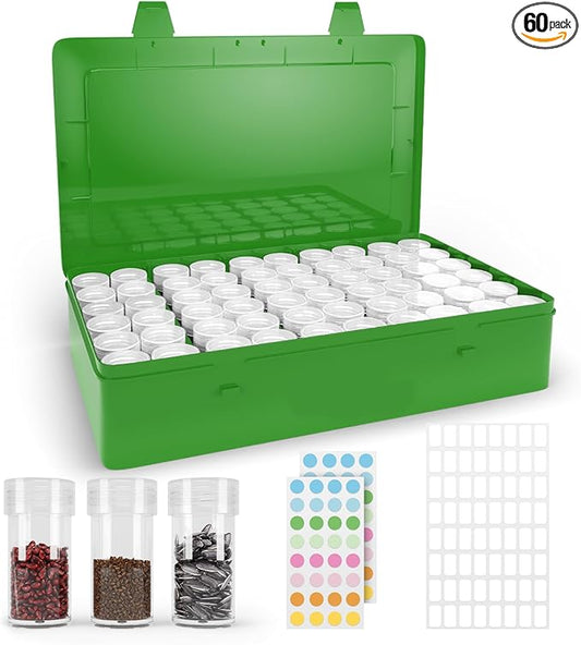 Seed Organizer Storage Box, Green Opaque Light Proof Seed Bank with 60 Transparent Bottles & Labels, Seed Holder Packet Organizer, Seed Vault Container for Homesteaders, Garden Tackle and Sorter PLAIN