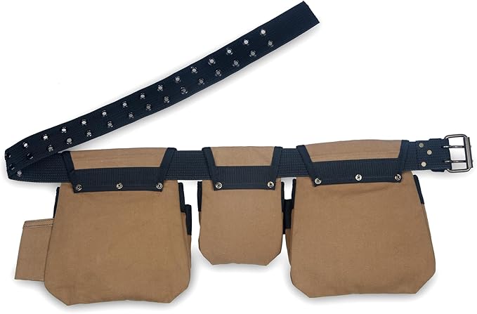 Style n Craft 4-Piece and 12-Pocket Carpenter’s Tool Combo, Tool Belt with 2 Tool Pouches, 1 Tape Measure Pocket, and 2 Metal Hammer Holders, Waterproof Canvas Tool Belt, Brown (97425)
