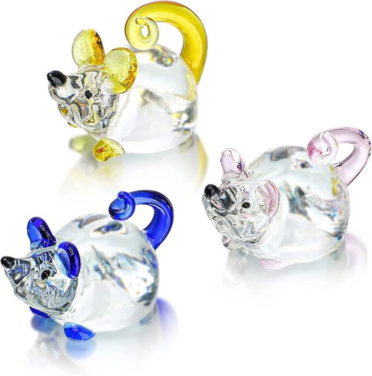 H&D HYALINE & DORA 3 Pack Glass Crystal Mouse Figurines Collectibles,Hand Blown Art Glass Animals Miniature Garden Decor Statue