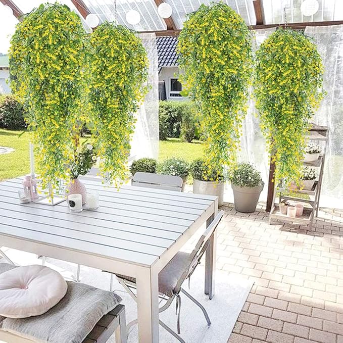 RECUTMS 4 pcs Artificial Hanging Plants Fake Hanging Plants Hanging Flowers Artificial Decor Fake Vines with Fake Flowers Indoor and Outdoor Decoration（Yellow）