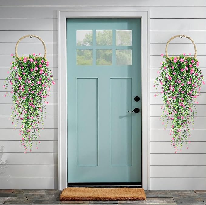 Artificial Hanging Flowers, 3 Pcs Fake Hanging Plants Artificial Vines for Outdoors, Fake Ivy Vine UV Resistant No Fade Faux Plants for Indoor Outside Garden Patio Yard Greenery Decoration (Pink)