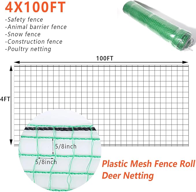 4'x100' Temporary Fence, Garden Fencing Plastic Mesh Fence, Safety Fence, Snow Fence, Construction Fence, Animal Barrier for Dog, Deer, Chicken, Poultry, Deer, Rabbit, Green
