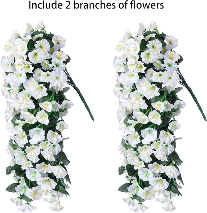 Artificial Faux Hanging Plants Flowers for Winter Christmas Outdoor Outside Decor, 2 PCS Fake Silk White Morning Glory Long Vines UV Resistant Look Real for Home Porch Patio Balcony Planter Decoration