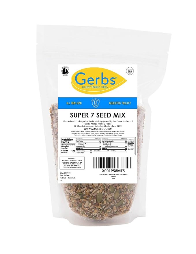 Gerbs Super 7 Seed Snack Mix 1 lb. | Raw, No Artificial Additives, Resealable Bag | Crunchy Pumpkin, Sunflower, Brown & Golden Flax, Black & White Chia, Hemp | Top 14 Allergen-Free