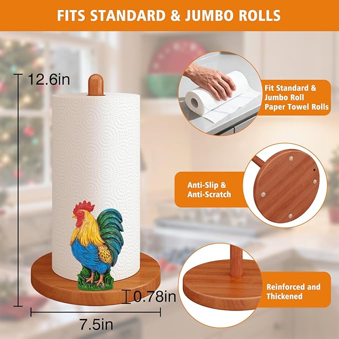 Rooster Kitchen & Bathroom Decor, Rooster Gifts for Women, 3D Modern Chicken Farmhouse Kitchen Countertop Decor, Cute Wooden Paper Towel Holder, Home Indoor Table Accessories, Housewarming Gifts