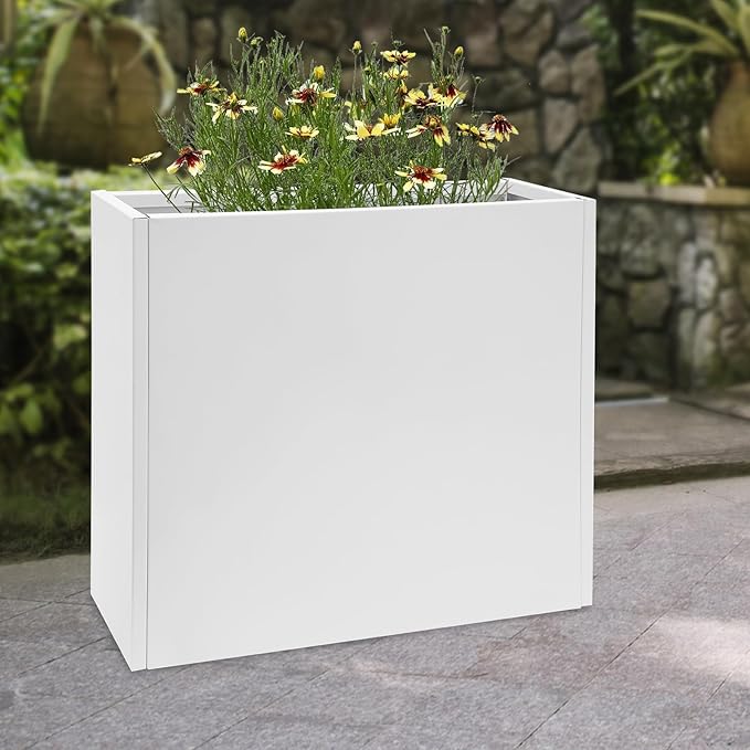 Metal Planter Box, Tall Rectangular Raised Garden Bed with Removable Shelf and Drainage Holes, Modern Steel Garden Planter, Flower Planter Boxes for Patio, Yard & Porch, Outdoor (White, 34*10*30in)