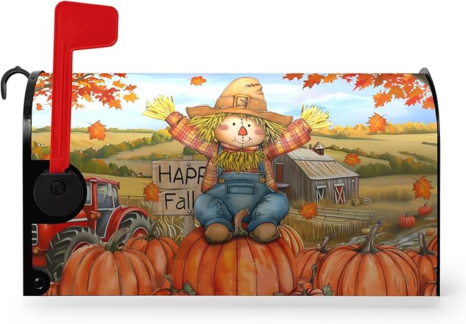 Fall Scarecrow Decorative Mailbox Covers Magnetic Standard Size 21x18 Autumn Pumpkins Maple Leaves Mailbox Wraps Cover Harvest Fall Letterbox Cover for Garden Yard Outdoor Decor