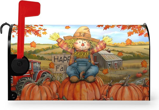 Fall Scarecrow Decorative Mailbox Covers Magnetic Standard Size 21x18 Autumn Pumpkins Maple Leaves Mailbox Wraps Cover Harvest Fall Letterbox Cover for Garden Yard Outdoor Decor