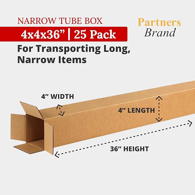PARTNERS BRAND 4x4x36 Tall Corrugated Boxes, Tall, 4L x 4W x 36H, Pack of 25 | Shipping, Packaging, Moving, Storage Box for Home or Business, Strong Wholesale Bulk Boxes