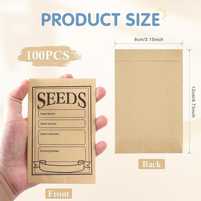 100 Pcs Self Adhesive Seed Envelopes - Resealable Paper Packets for Flower and Vegetable Seeds Storage - Kraft Organizer, 3.1 x 4.7 Inch