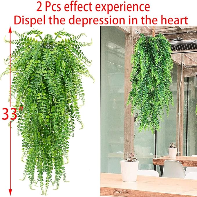 6 Pcs Artificial Hanging Ferns Plants Fake Hanging Plants Fake Ivy Boston Ferns Vine Outdoor Indoor Home Décor UV Resistant Plastic Plants (Green)