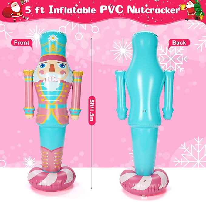 Jenaai 1 Pcs 5 ft Pink Inflatable Christmas Nutcracker Outdoor Decoration, PVC Christmas Blow up Yard Decor, Weatherproof Giant Nutcracker Decor for Xmas Door Lawn Garden Holiday Party (Bright)