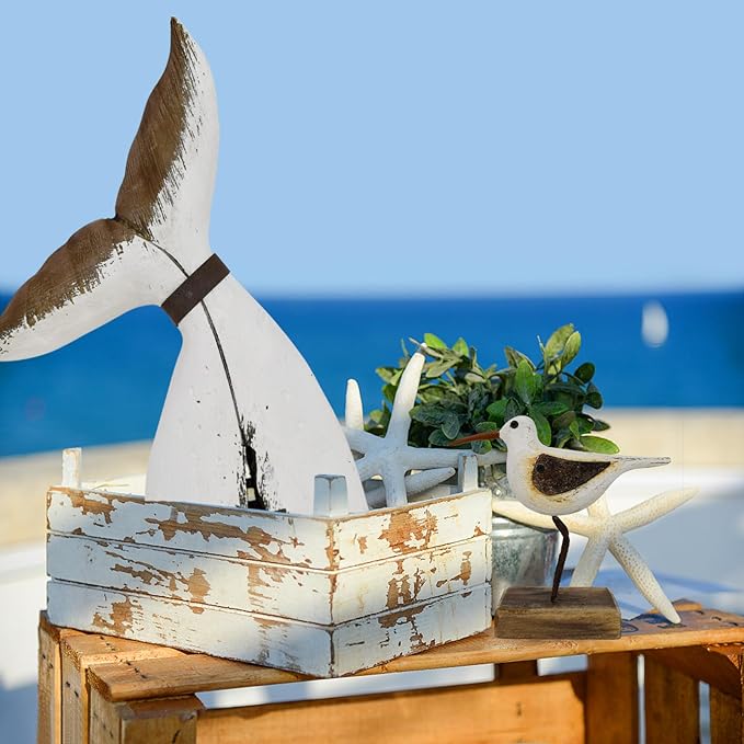 Aecipl Wood Bird Statue Standing Seagull Nautical Decor Coastal Birds Sculpture Indoor Outdoor Animal Figurine Beach Themed Decoration Rustic Home Art for Bedroom Garden (A, S)