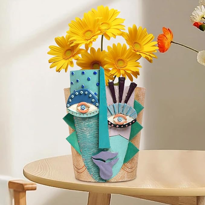 Picasso Flower Pot/Vase, Unique Planters, Abstract Face Flower Pots, with Drainage Holes, Handcrafted Resin Vases for Artistic Home Décor (Small)