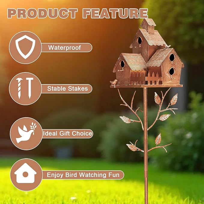 75" Large Copper Colored Multi-Birdhouse Stakes - Metal Bird Houses Stake with Pole for 4 Bird Families in Each for Outdoor Patio Yard Garden Decoration