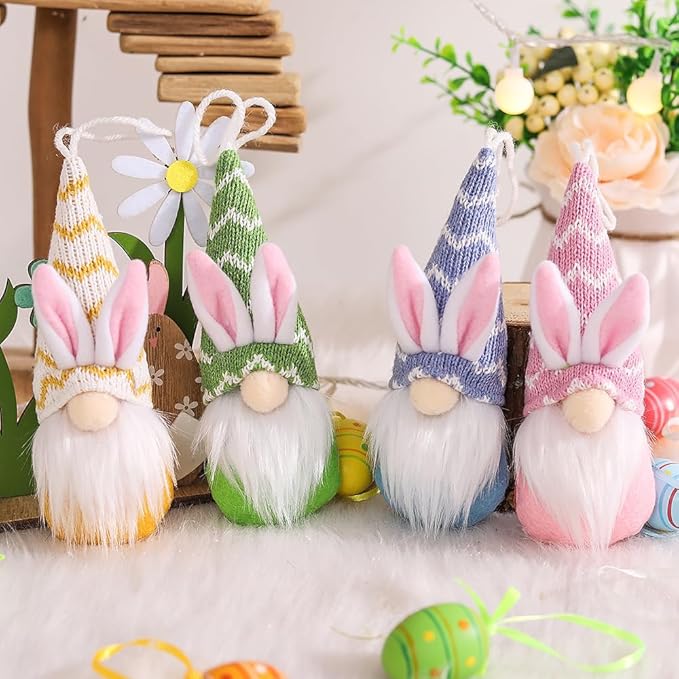 Easter Bunny Gnome Ornaments Set of 4, Faceless Doll Plush Rabbit Gnomes Hanging Ornaments for Easter Tree Decorations, Spring Holiday Home Decor
