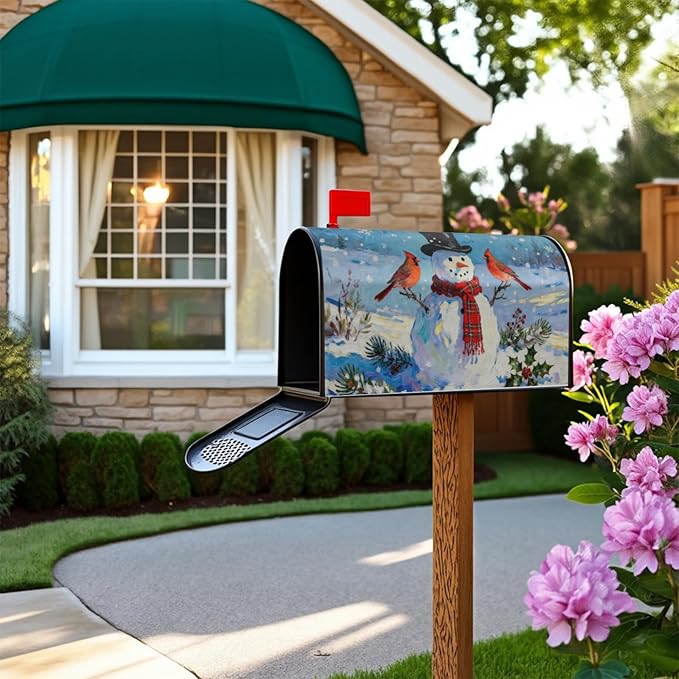 Winter Snowman Mailbox Covers Magnetic Standard Size Blue White Red Cardinal Bird Christmas Holiday Outdoor Decorative Seasonal Letter Box Cases for Home Garden Outside Decor, 21x18 Inch
