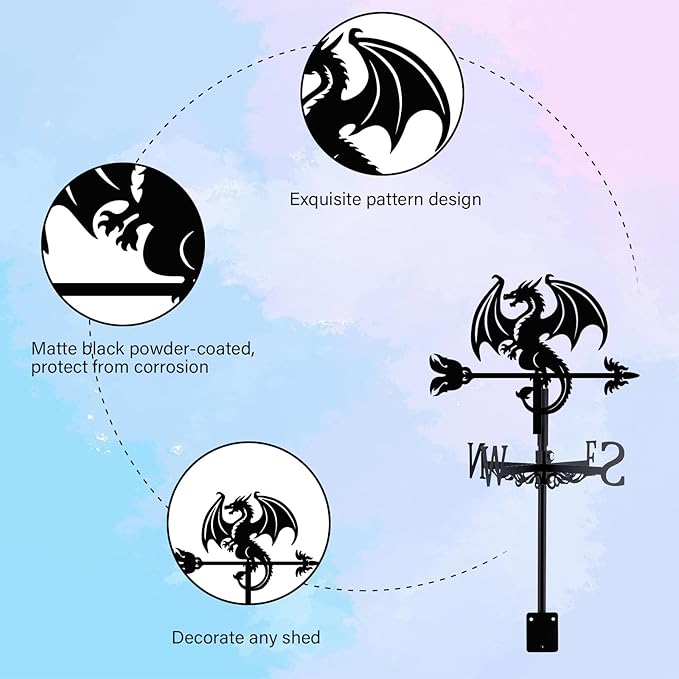 Dragon Weathervane Metal Wind Vane Arrow Weathercock Garden Decoration Wind Direction Indicator Stake Roof Mount Ornament for Farmhouse Yard Outdoor