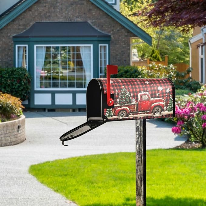 SUABO Mailbox Cover Red Truck Plaid Christmas Tree Standard Magnetic Mailbox Covers Wraps for Christmas Home Yard Garden Decor