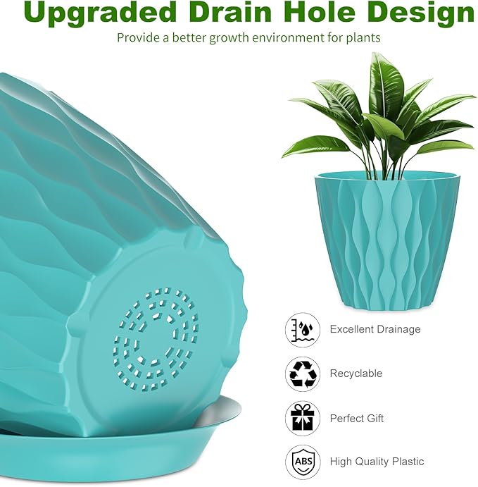 7 Inch Plant Pots with Saucers, 6 Pack Indoor Flower Pots, Planters with Drainage Holes for Orchids, Violets, Succulents, Herbs, and Other Plants, White (Black-Green, 7inch)