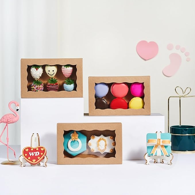 20pcs 7x4.33x1.5 Inch Borwn Cookies Boxes with Window Bakery Boxes Macaron Box Cakesickle Boxes Chocolate Truffle Donut Treat Box for Christmas Valentine's Easter Mother's Day