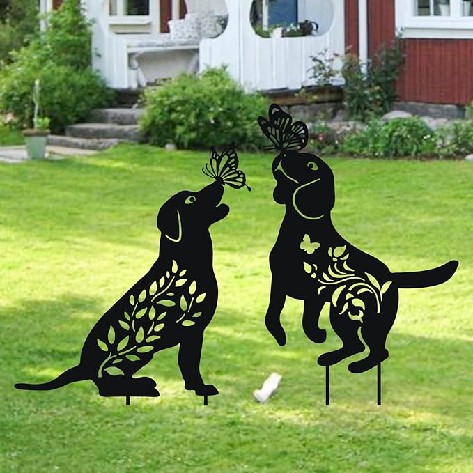WONDER GARDEN Metal Dog Decor for Outside - 2 Pack Garden Stakes Decorative, Black Dog Silhouette Statues Lawn Ornaments Yard Patio Decor Women Men Mom Gifts