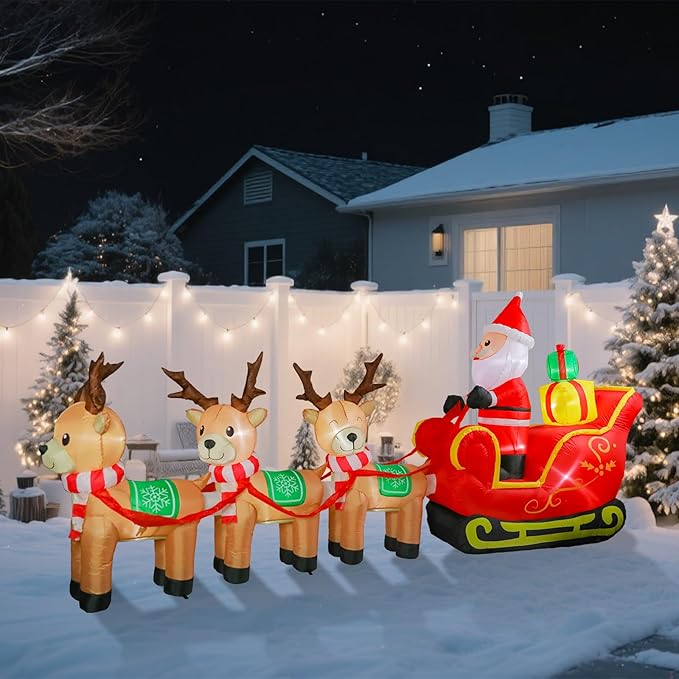 VCUTEKA Christmas Inflatables Outdoor Decorations, 12FT Blow Up Santa Claus Sleigh with Reindeer and Gifts, Animated Christmas Inflatable Yard Decoration with LED Lights for Holiday Lawn Garden Décor