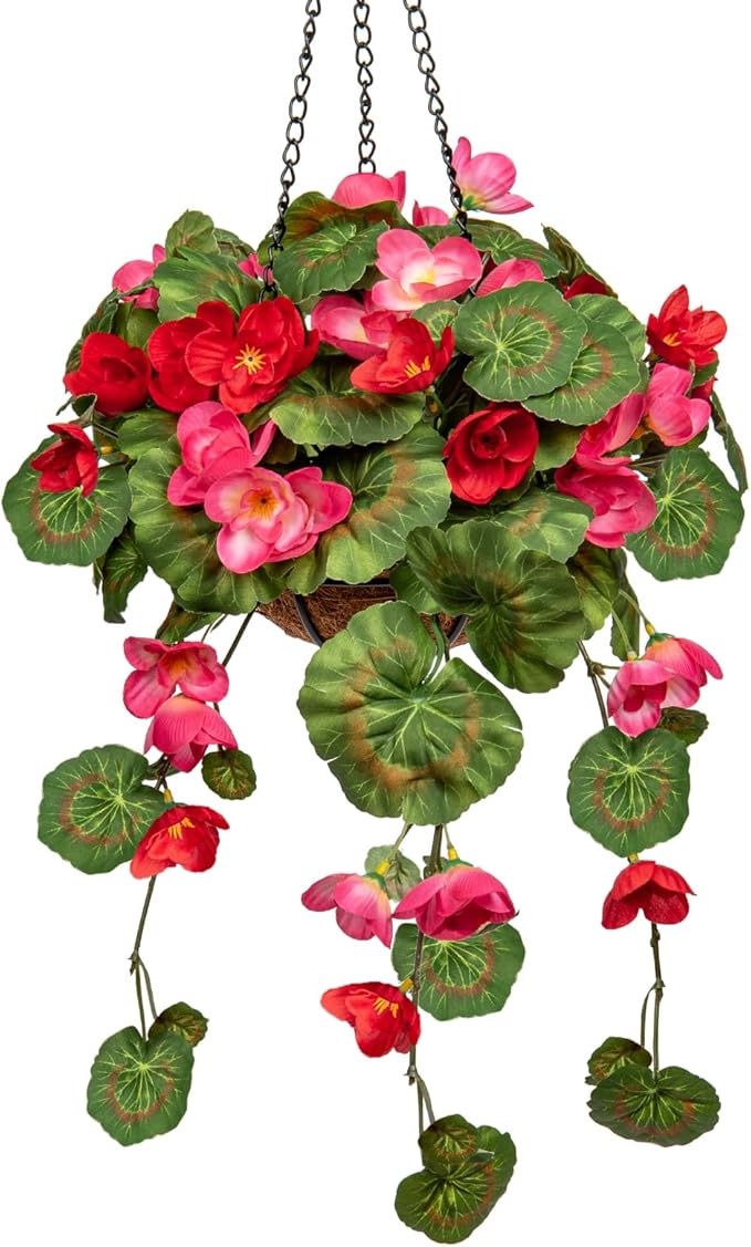 Briful Small Geraniums Fake Flowers Hanging Basket, Realistic Silk Vine Faux Flowers,Begonia Artificial Flowers, 5 ⅞’’ Coconut Basket, for Home Farmhouse Balcony Indoor Outdoor Patio Garden Decor