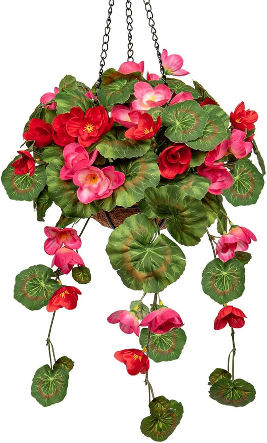 Briful Small Geraniums Fake Flowers Hanging Basket, Realistic Silk Vine Faux Flowers,Begonia Artificial Flowers, 5 ⅞’’ Coconut Basket, for Home Farmhouse Balcony Indoor Outdoor Patio Garden Decor