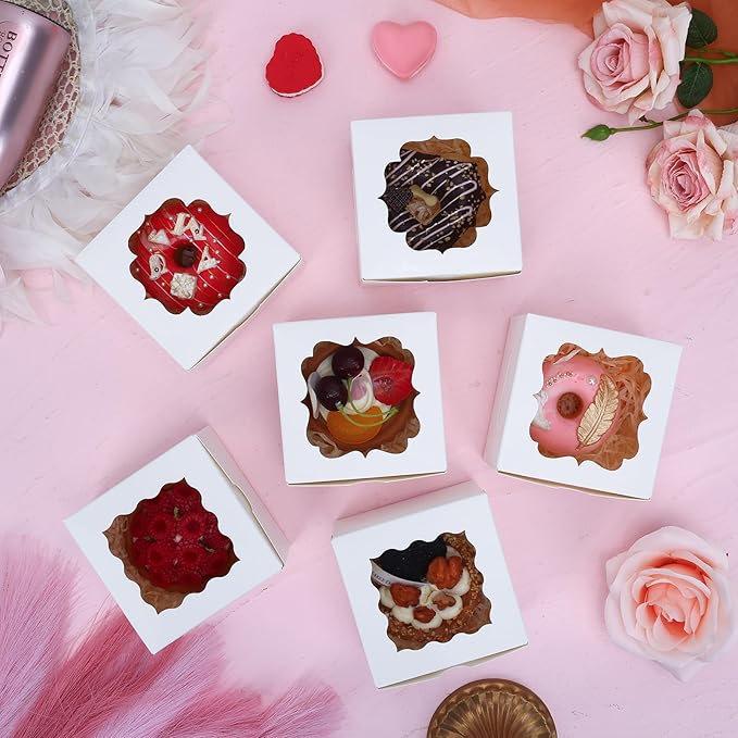 TOMNK 150pcs White Cookie Boxes with Window,4x4x2.5 Inch Small Bakery Boxes, 3 Style, for Dessert, Chocolate Strawberries Donuts and Party Favor