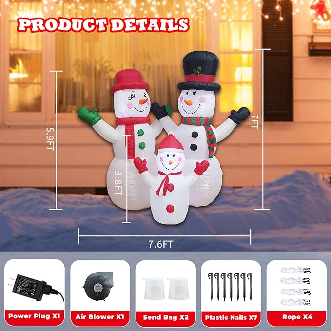 Christmas Inflatable Snowman Family Decorations Blow Up - 7FT Giant Outdoor Snowman Decor with Rotating Lights | Xmas Inflatable for Indoor Outdoor Yard Lawn Garden Party