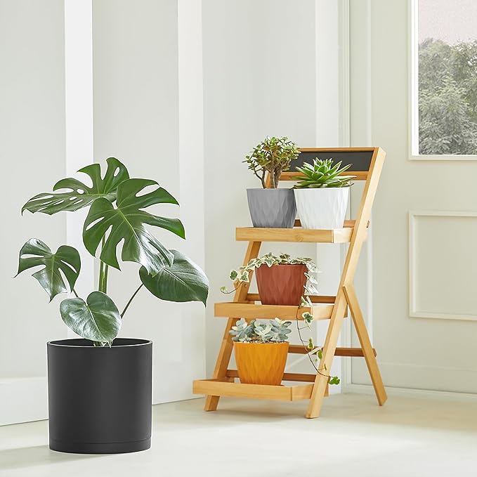 FaithLand 14-Inch Large Modern Cylinder Planter, Thick-Walled Plastic Plant Pot with Drainage Holes and Detachable Saucer, Matte Black, Ideal for Indoor & Outdoor Plants Flowers