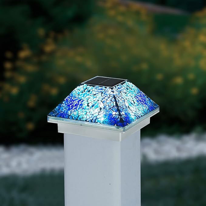 SUNNYPARK 2PK Mosaic Solar Post Cap Lights Outdoor for 4x4, 3.5x3.5 Post Crackled Glass Deck Fence Lamp Weatherproof LED Light Decor in Garden, Yard, Outdoor Table, Balcony, Landscape- Cyan Blue