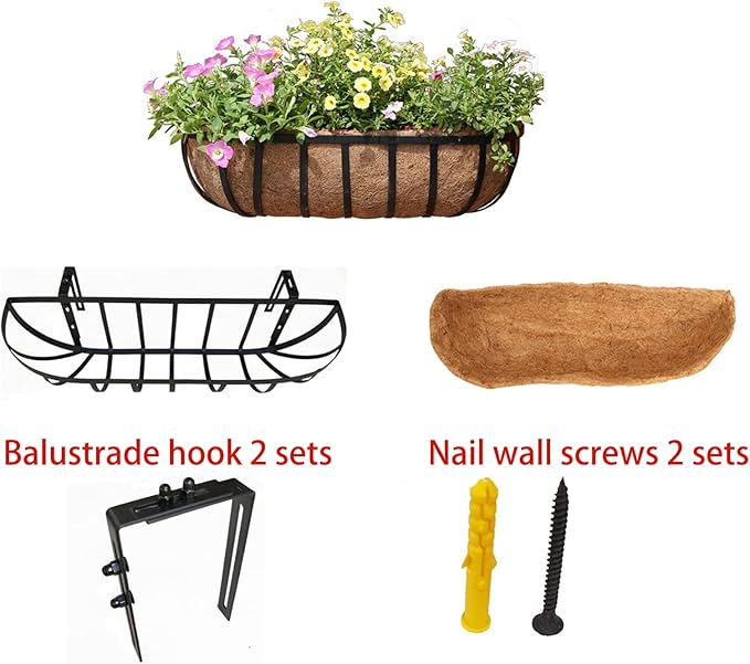 24 Inch Railing Planter Window Box Deck Balcony Rail Planter with Coco Liner Metal Wall-Mounted Coconut Liner Planter Basket English Horse Trough Planters for Outdoor Balcony Porch Fence (2 Pack)