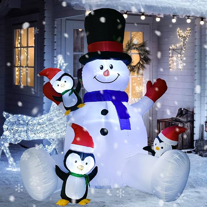 7Ft Lighted Christmas Inflatable Snowman with Three Cute Penguins Build-in LED Lights, Holiday Blow up Outdoor Yard Decoration