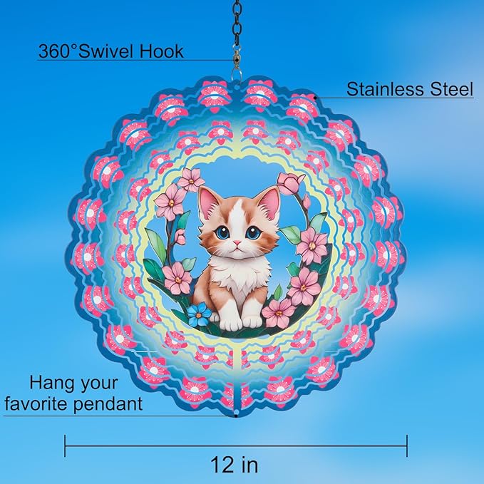 Metal Wind Spinners for Outdoor,Birthday Gifts for Women Mom Grandma, 12 Inch Cute Pink Cat Wind Spinner, Kinetic Sculpture Garden Decor for Ornament Gifts