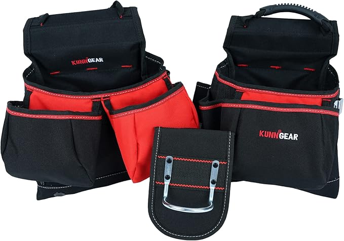 KUNN Tool Belt with Suspenders - Pro Framer Belt/Suspenders Combo Apron(Removable Pouch and Waist Belt) with Multiple Pockets & Hammer Holder for Carpenter,Construction and Electrician,Red