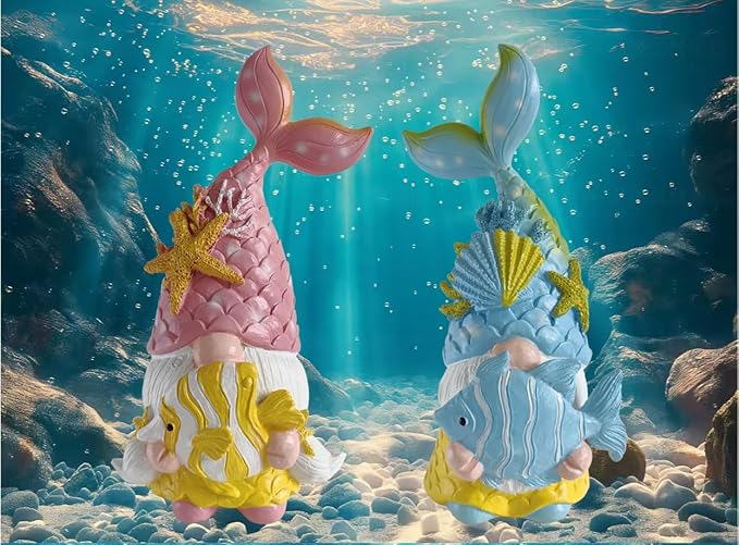 Mermaid Fairy Gnome Sea Star Shell Statue 2psc, Summer Beach Gnomes Figurine Elf Ornaments for Garden Outdoor Indoor Decoration