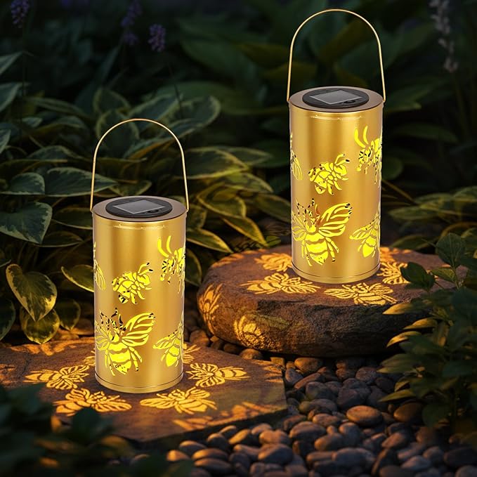 2pack Large Size Solar Laterns Outdoor Waterproof Metal Bee Patterns Garden Decor Gifts for Women Mom Grandma Hanging Solar Lights Decoration Outside for Yard, Patio, Backyard, Porch