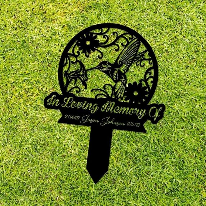 Personalized Hummingbird Memorial Metal Stake – Custom Name Sign, In Loving Memory, Sympathy Grave Marker (Hummingbird Memorial)
