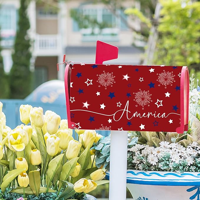 4th of July Mailbox Cover Magnetic 21"x18" Patriotic America Stars Fireworks Decorative Mailbox Wrap Independence Day Letter Post Cover Standard Size for Garden Yard Outdoor