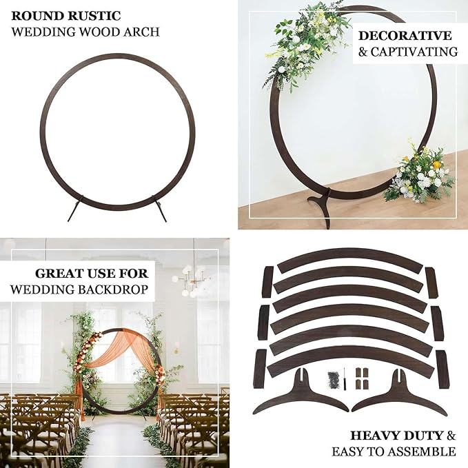Efavormart 7.4ft Dark Brown Wood DIY Round Wedding Arch Backdrop Stand, Rustic Photo Backdrop Stand