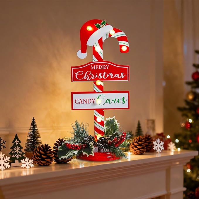 Vigdur Christmas Candy Cane Decoration - 16" Pre-Lit Metal Candy Cane Table Ornament with LED Lights & Timer, Battery Operated Light Up Christmas Sign for Indoor Mantel Shelf Holiday Home Décor