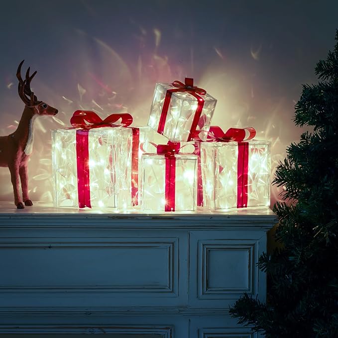 Christmas Lighted Gift Boxes, Pre-lit Lights Gift Boxes Set of 4, Light up Present Boxes Set Battery Operated with Different Sizes for Holiday Indoor Outdoor Decorations(Cool White)