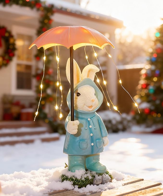 Solar Rabbit Garden Statue Outdoor Decor, Bunny Figurines Lights with Umbrella for Outside Yard Lawn Ornaments,Gifts for Mother's Day Birthday Easter Housewarming